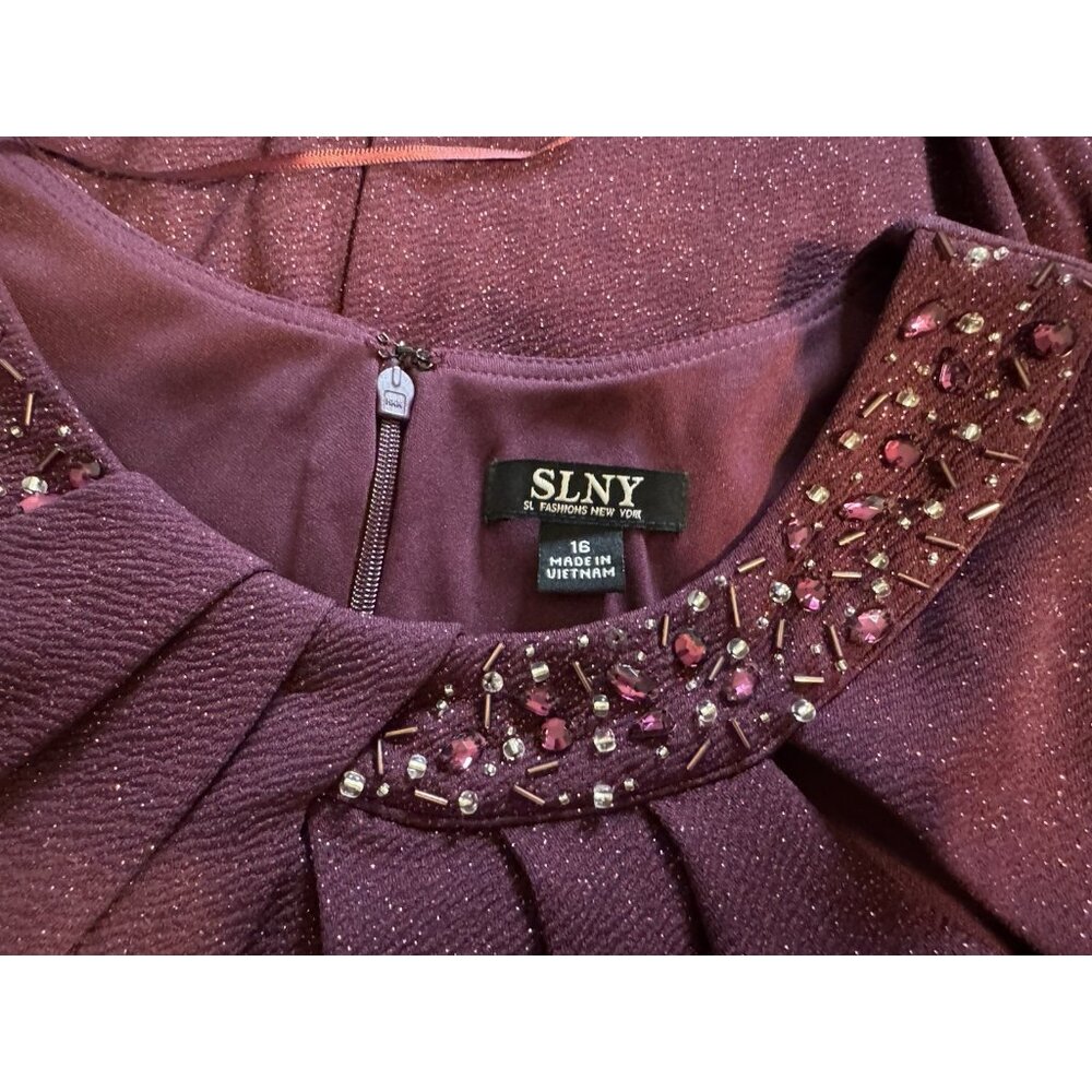 SLNY Formal Dress 16 Maroon Wine Shimmer Bead Gown Wedding Party Cruise NEW - Picture 9 of 11